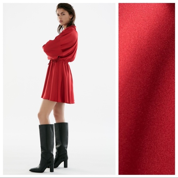 🌹NWT. Zara Dark Pink/Red Satin Shirt Mini Dress with V-neck. Size L. - Picture 3 of 10